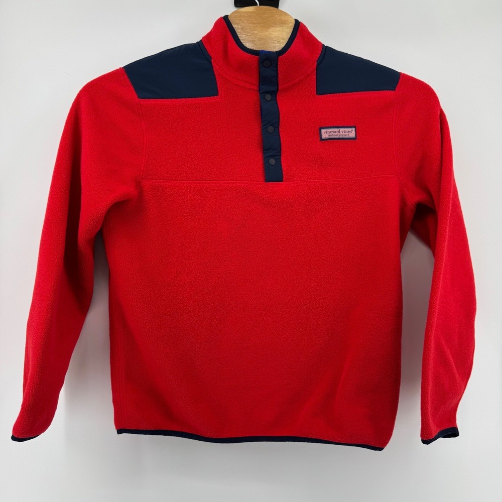 Vineyard Vines Shep Shirt Men Medium Red Navy Fleece Quarter Snap Pullover - Picture 2 of 7